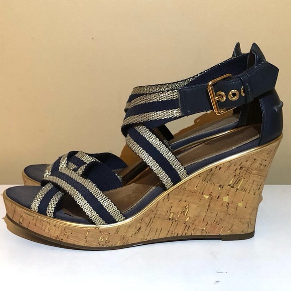 Sperry Topsider Navy Blue & Gold Crisscross Front Cork Heel Sandal. 4” heel - Picture 3 of 11